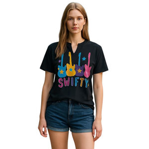 Swifty Shirt Women XL Black Guitar Print Glitter Split Neck Casual Festival